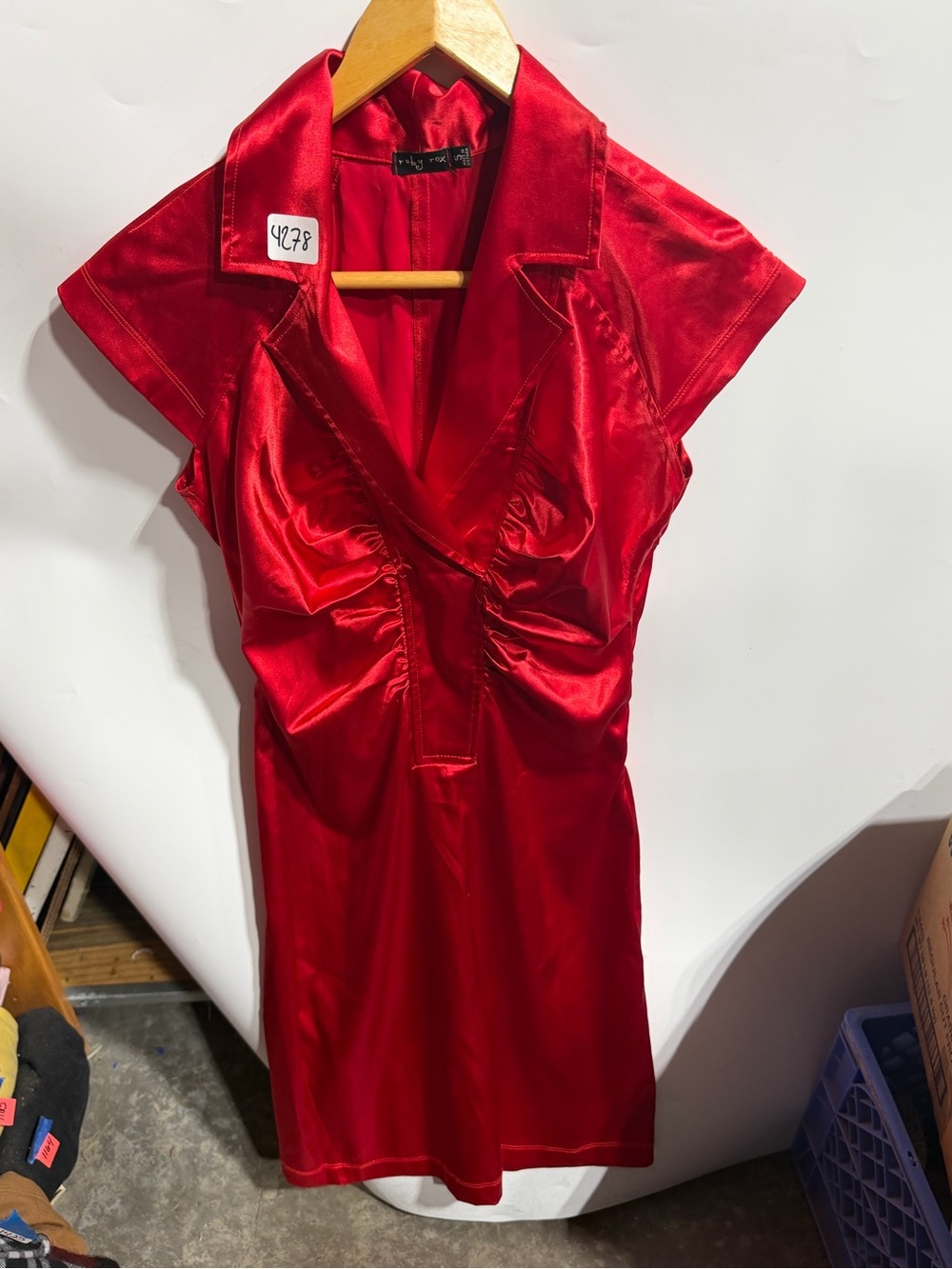 #4278-Ruby Rd. Red Satin Midi Dress with V-Neck and Cap Sleeves
